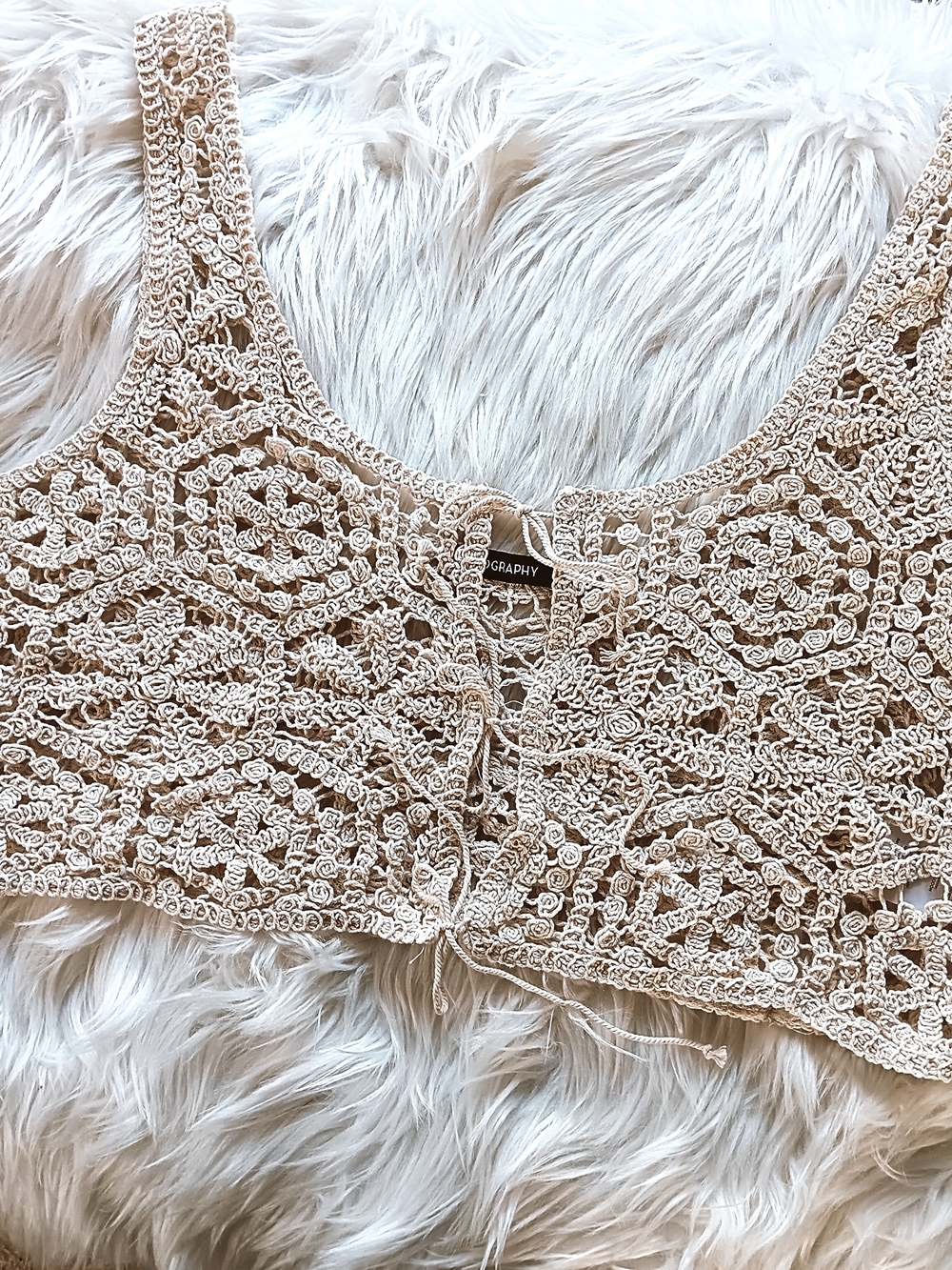 ↠ Biography Crochet Lace Sleeveless Ivory Cream Triple Tie Front Boho Crop Top